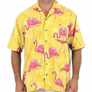 Uzzi Amphibious Gear Hawaiian Yellow Flamingo DRI-FIT Button Down Shirt Small